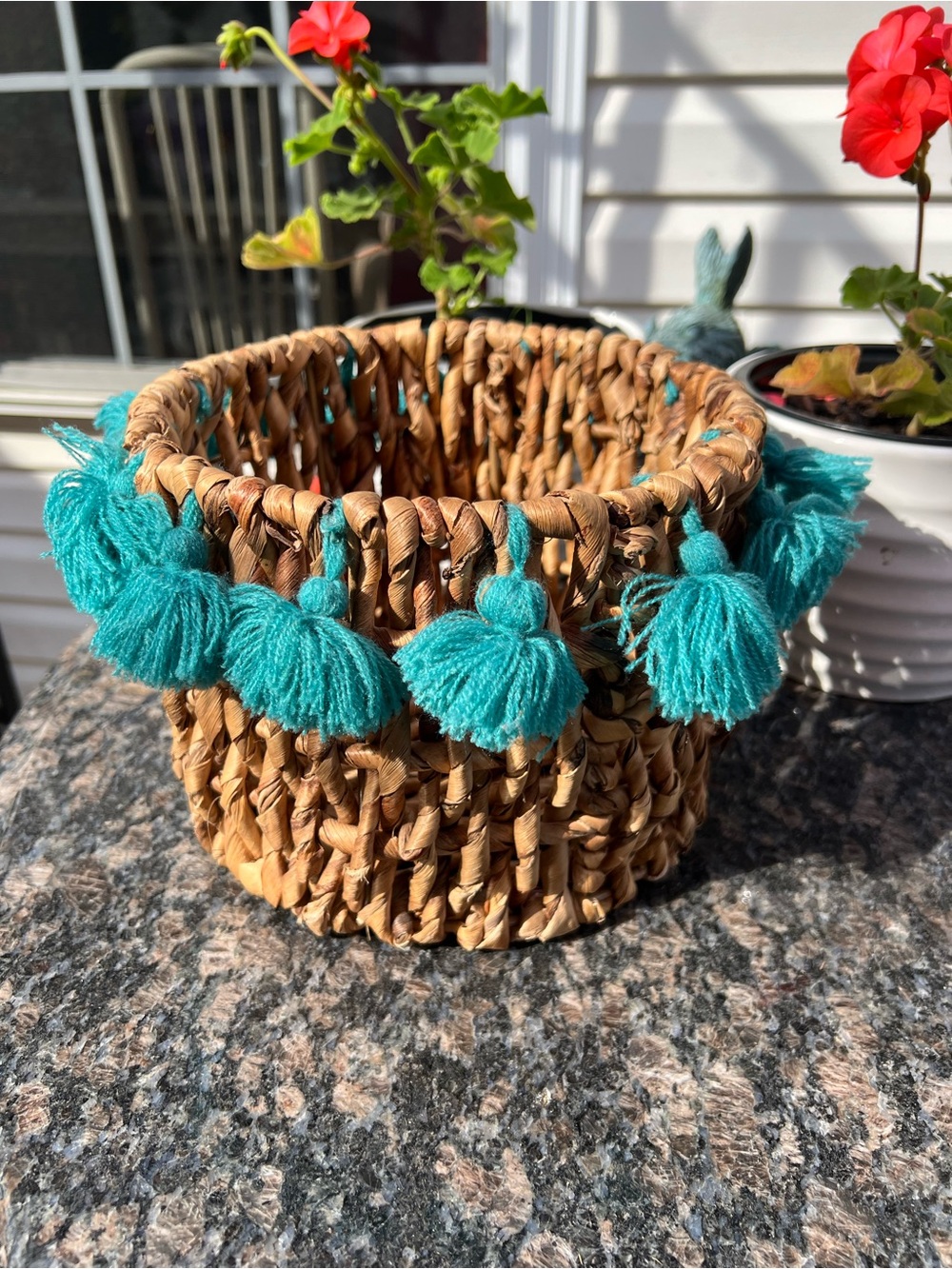 Boho Catch All Hand Woven Straw Basketball With Turquoise Cotton Tassels
